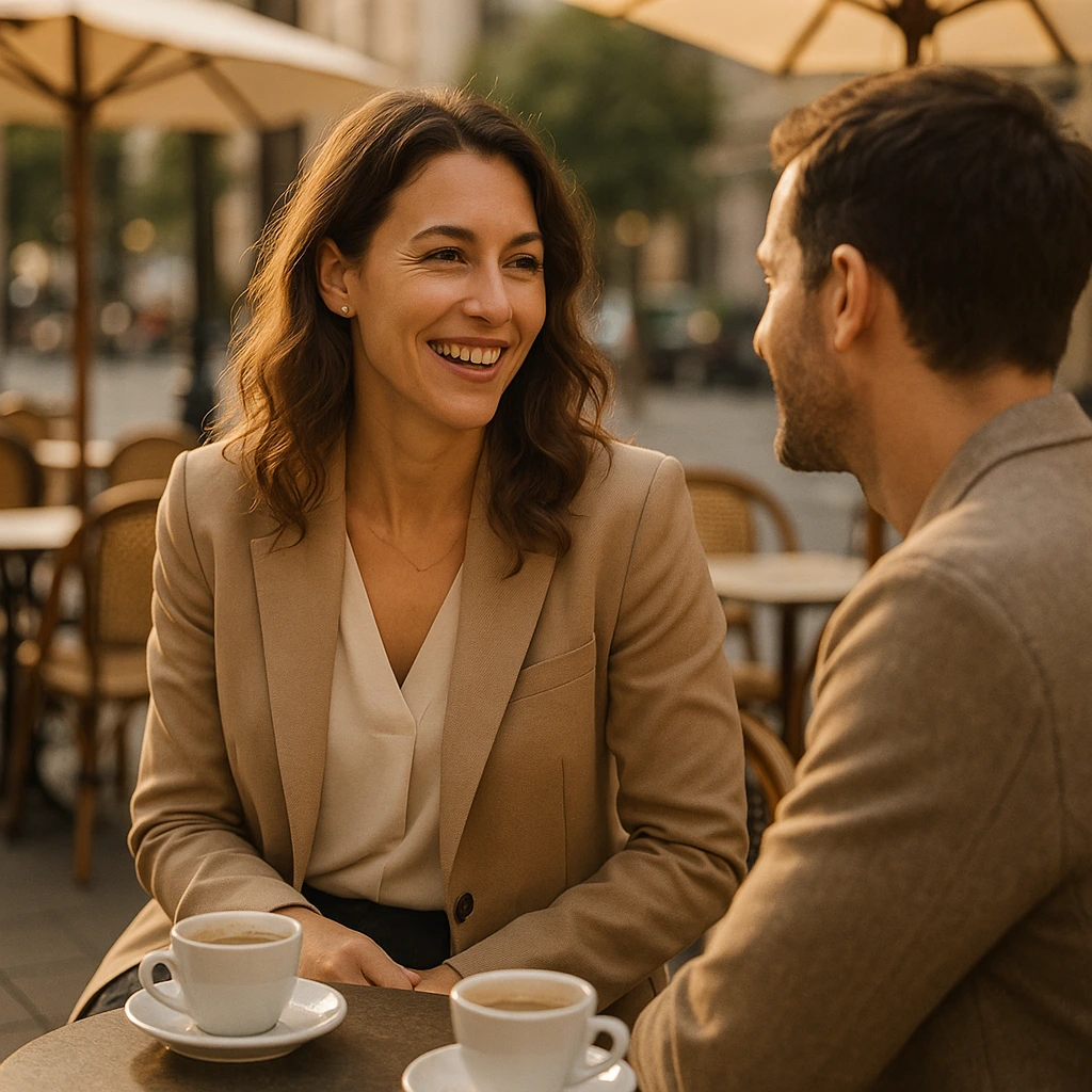 Femme adulte lisant les signaux de disponibilité d'un homme à la terrasse d'un café