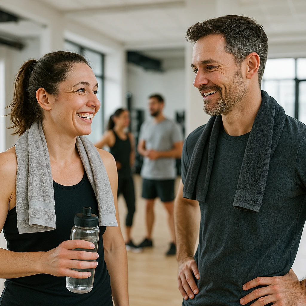 Femme adulte discutant naturellement avec un homme après une activité sportive