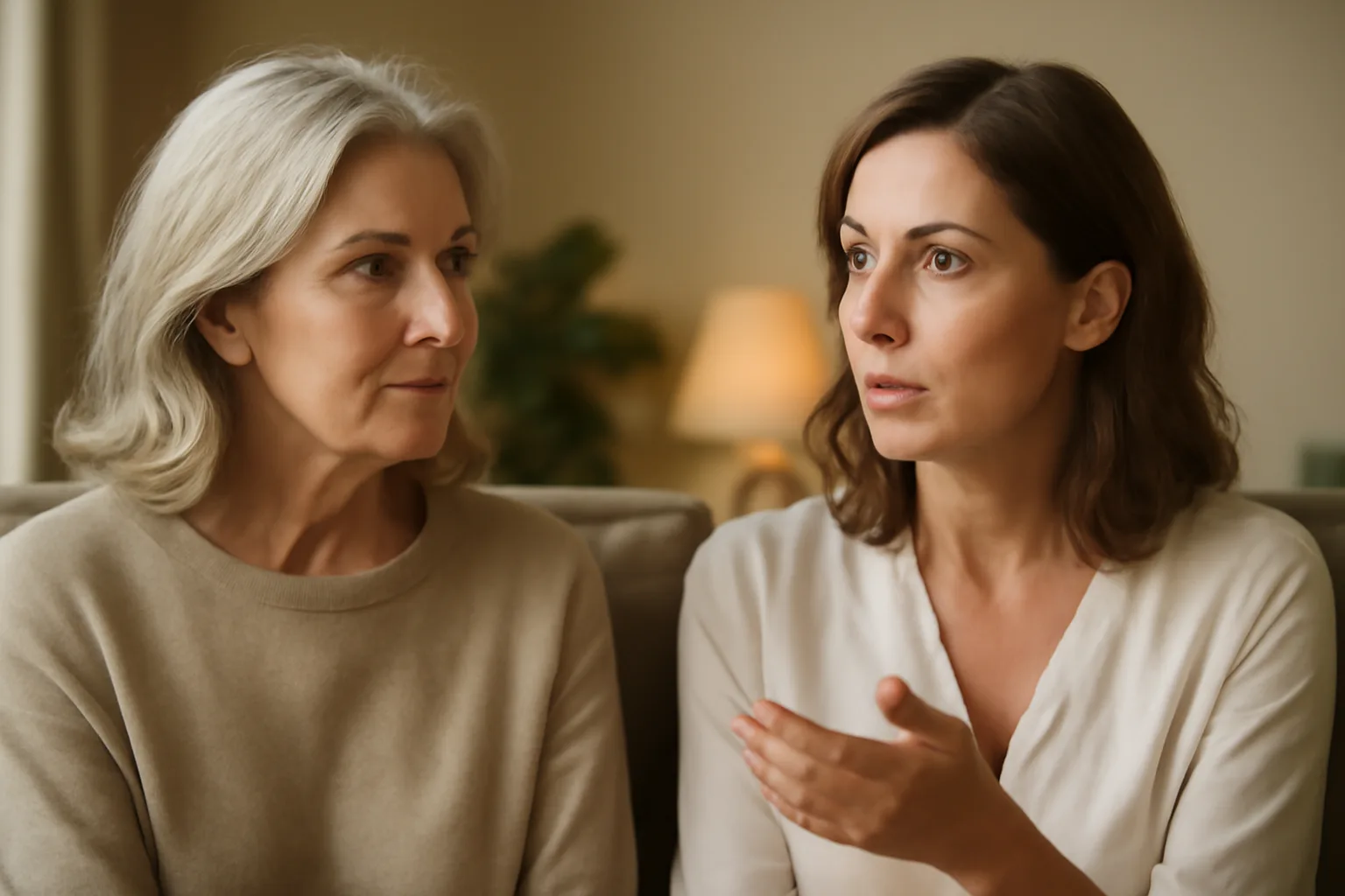 Deux femmes assises côte à côte sur un canapé, l'une écoutant l'autre avec attention