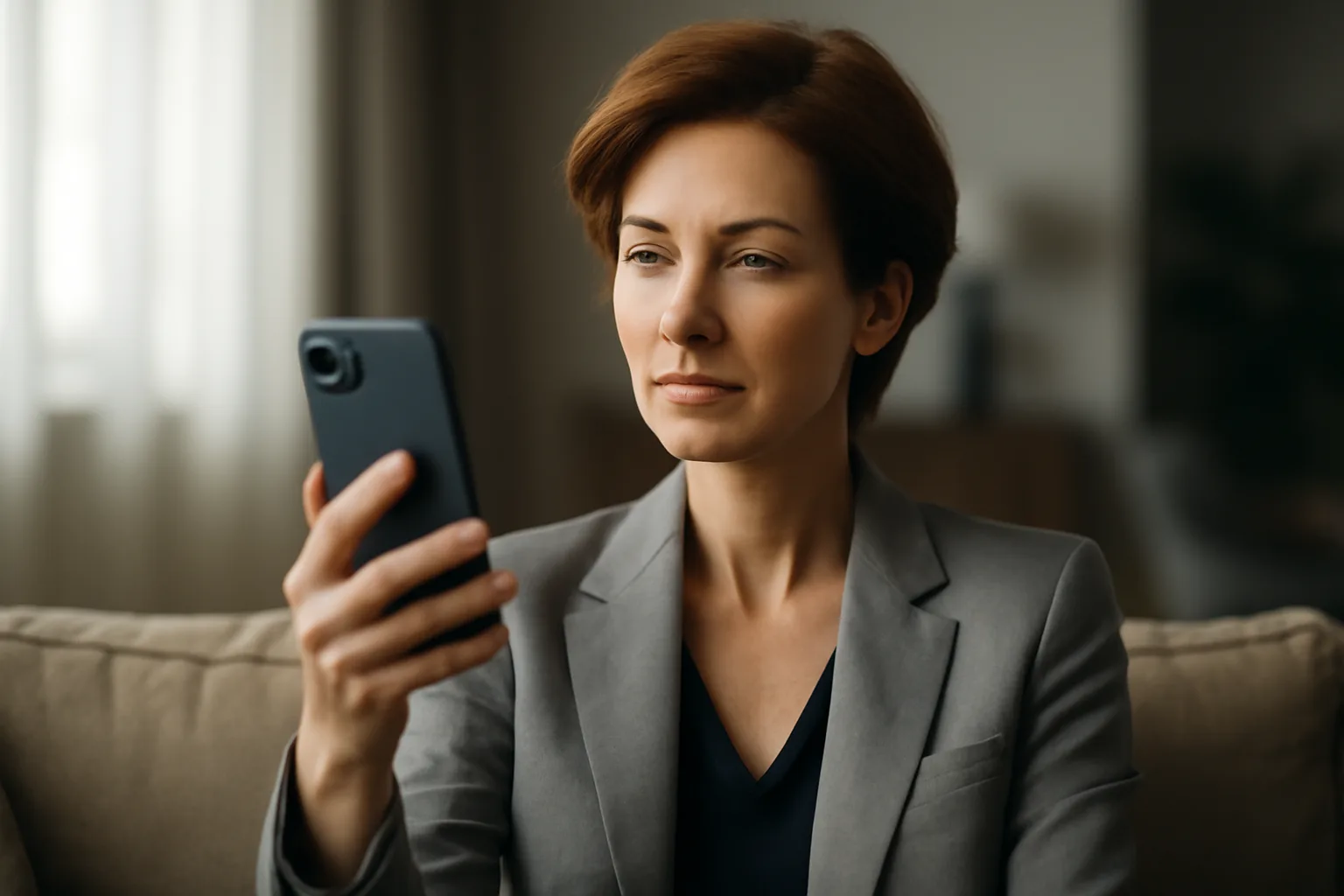 Femme en tailleur consultant un appel vidéo sur son téléphone, attitude posée et attentive