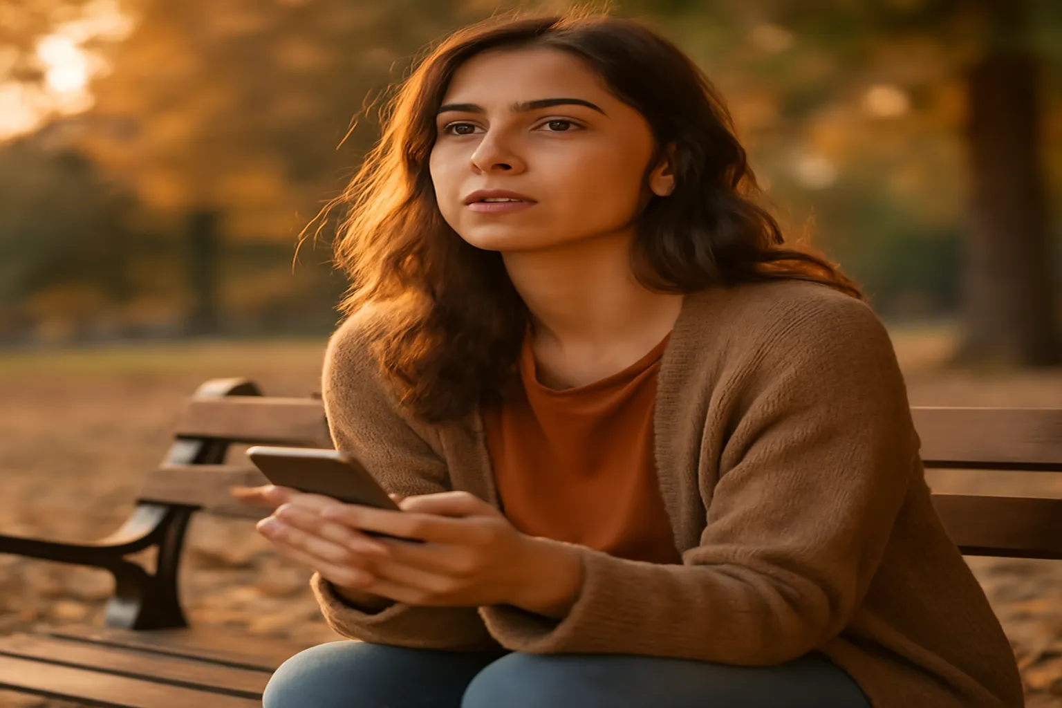 Femme souriante en terrasse de café tenant un téléphone, moment de rencontre naissante
