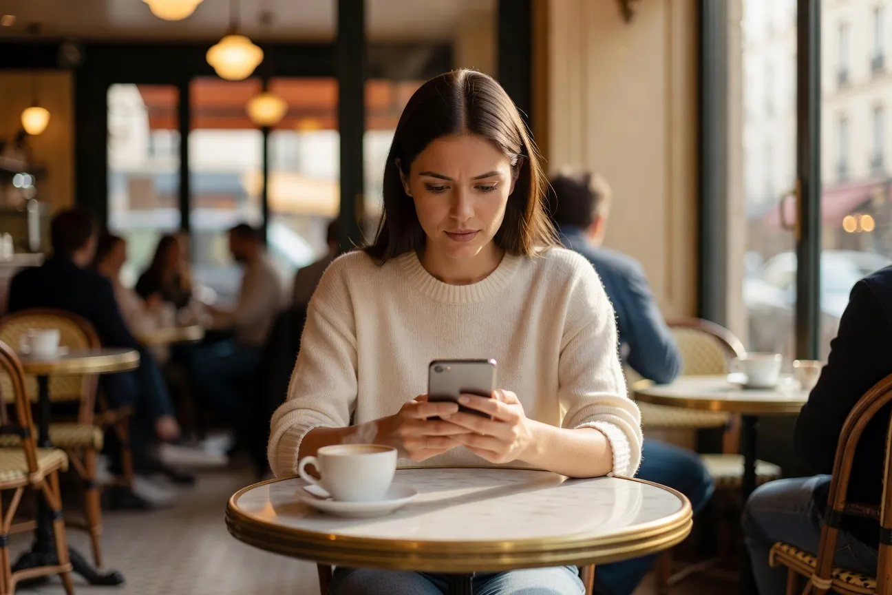 Femme envoyant le premier message sur Bumble, assise dans un café