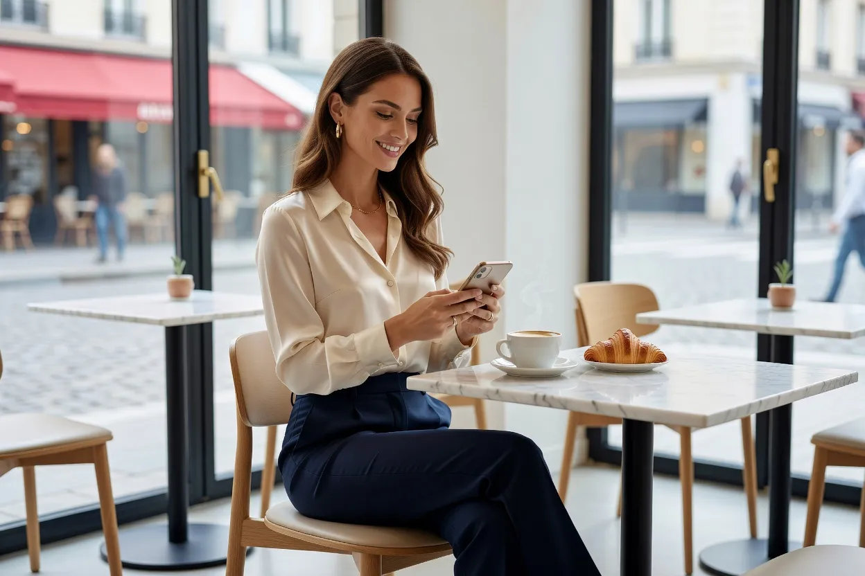 Femme consultant une application de rencontre dans un café parisien