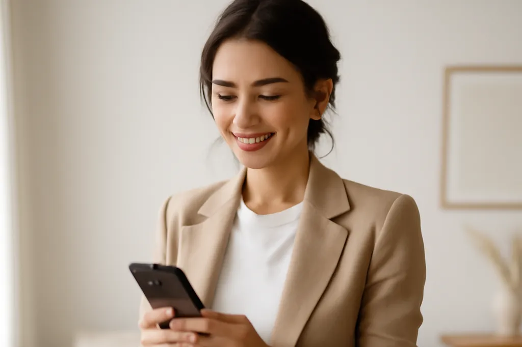 Femme souriante utilisant son téléphone, moment de conversation en ligne
