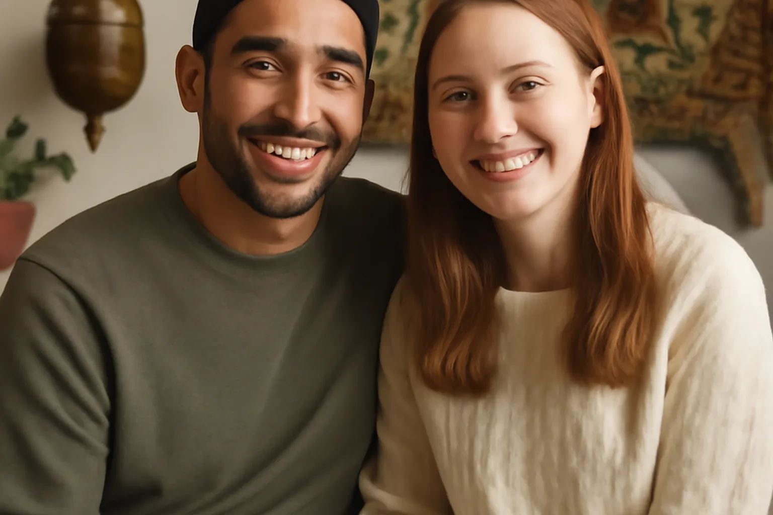 Couple discutant sereinement autour d’un repas, symbole du dialogue interculturel apaisé