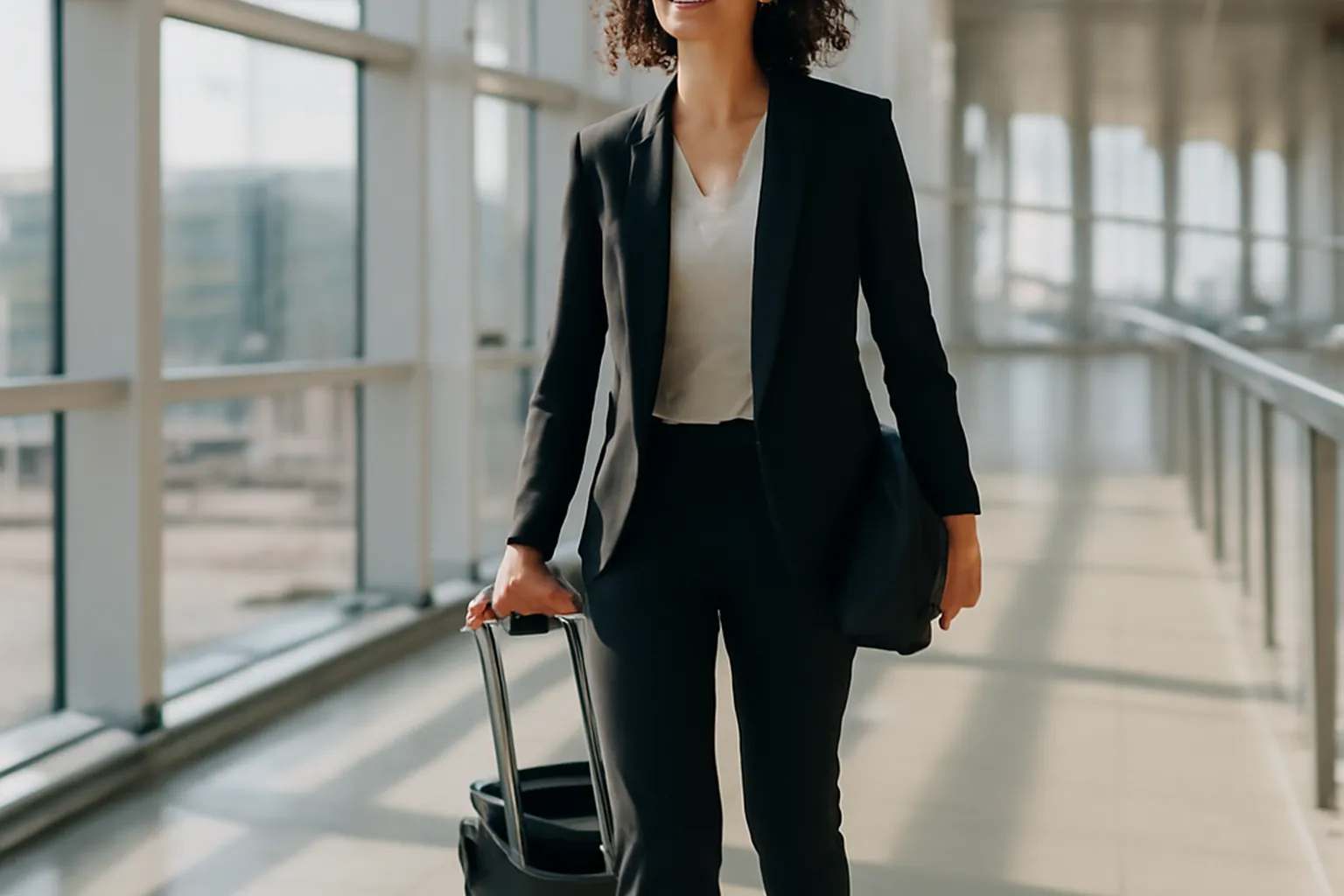 Femme d’affaires souriante consultant son téléphone dans un café en marge d’un déplacement professionnel
