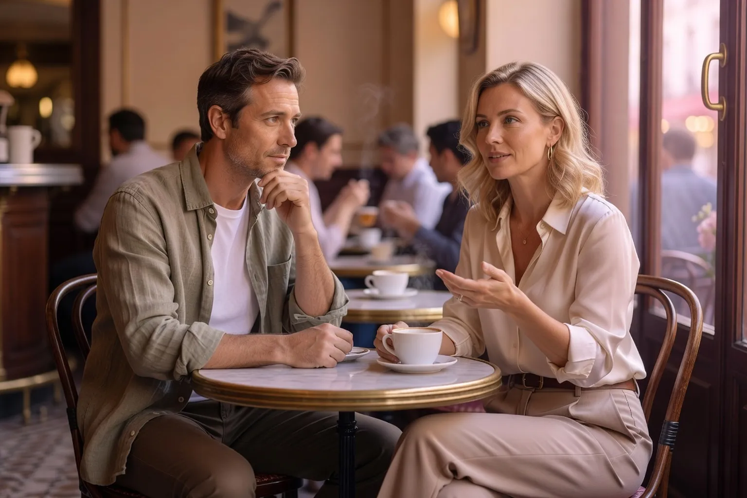 Couple en discussion dans un cafe parisien