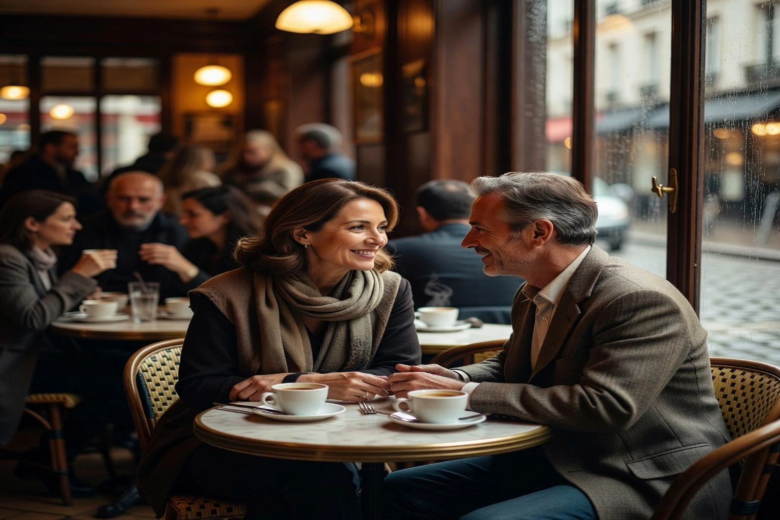 Premier rendez-vous dans un café public animé, deux personnes en pleine conversation