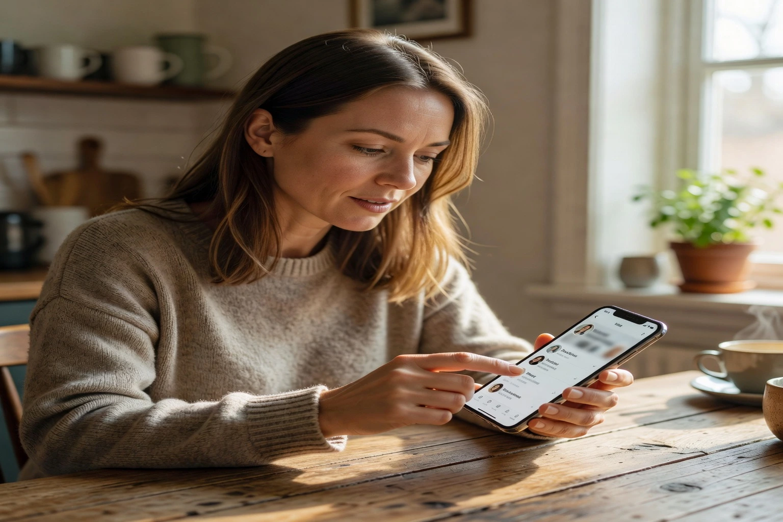 Femme ajustant ses préférences de recherche sur une application de rencontre, écran visible