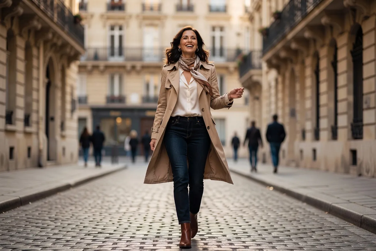 Femme souriante marchant dans une rue parisienne, confiance et légèreté