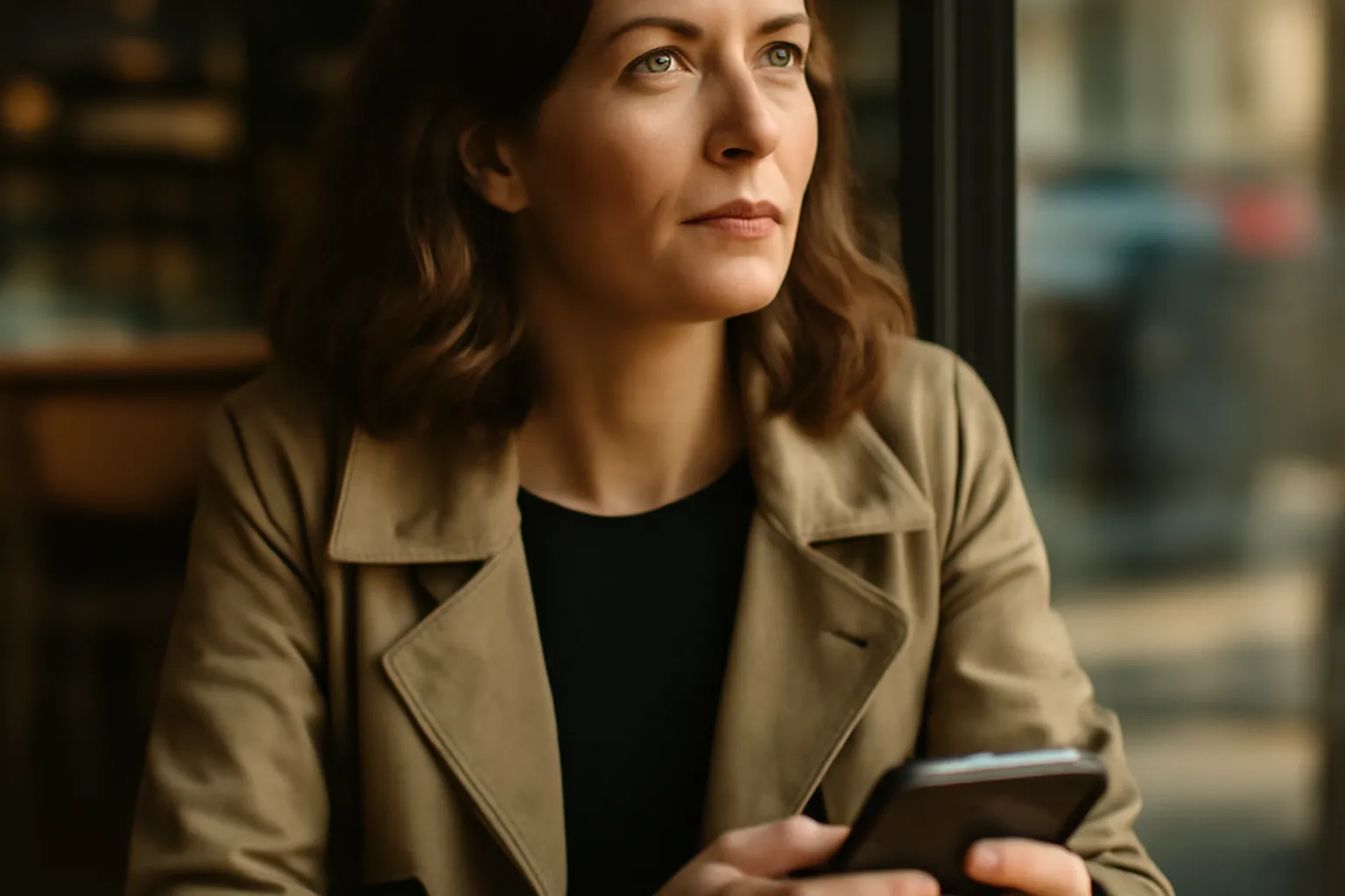 Femme pensive tenant une tasse, réfléchissant avant une conversation importante