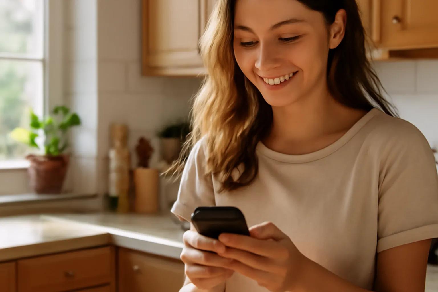 Femme souriante utilisant une application de rencontre sur son téléphone chez elle