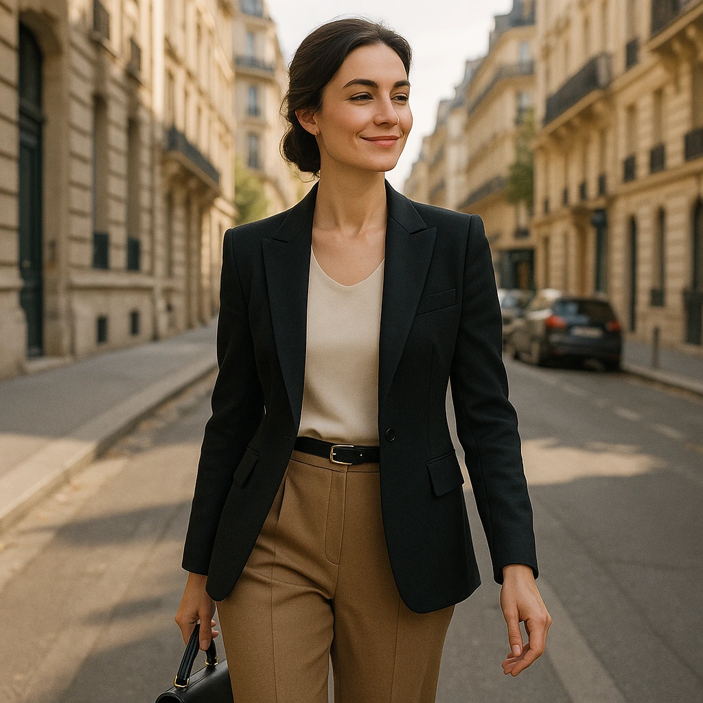 Femme confiante marchant dans une rue parisienne après avoir tourné la page d'une rencontre sans suite