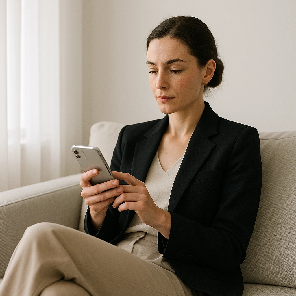Femme regardant son téléphone avec calme, sans anxiété, après un rendez-vous sans suite