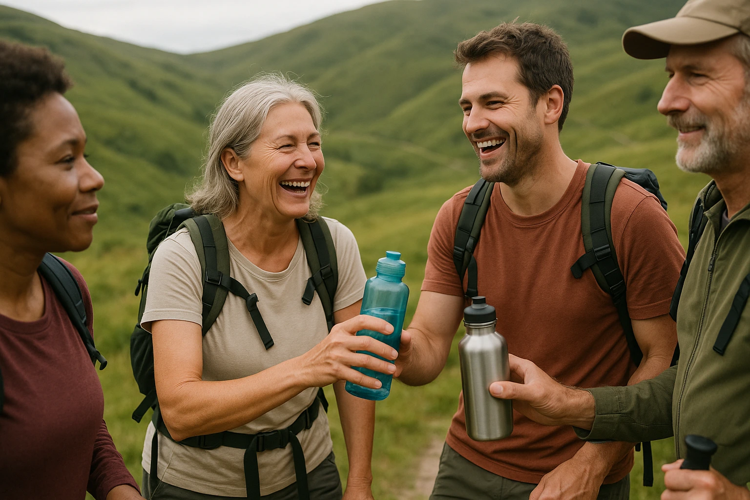 Femme mature et homme plus jeune riant ensemble lors d'une activité sportive en extérieur