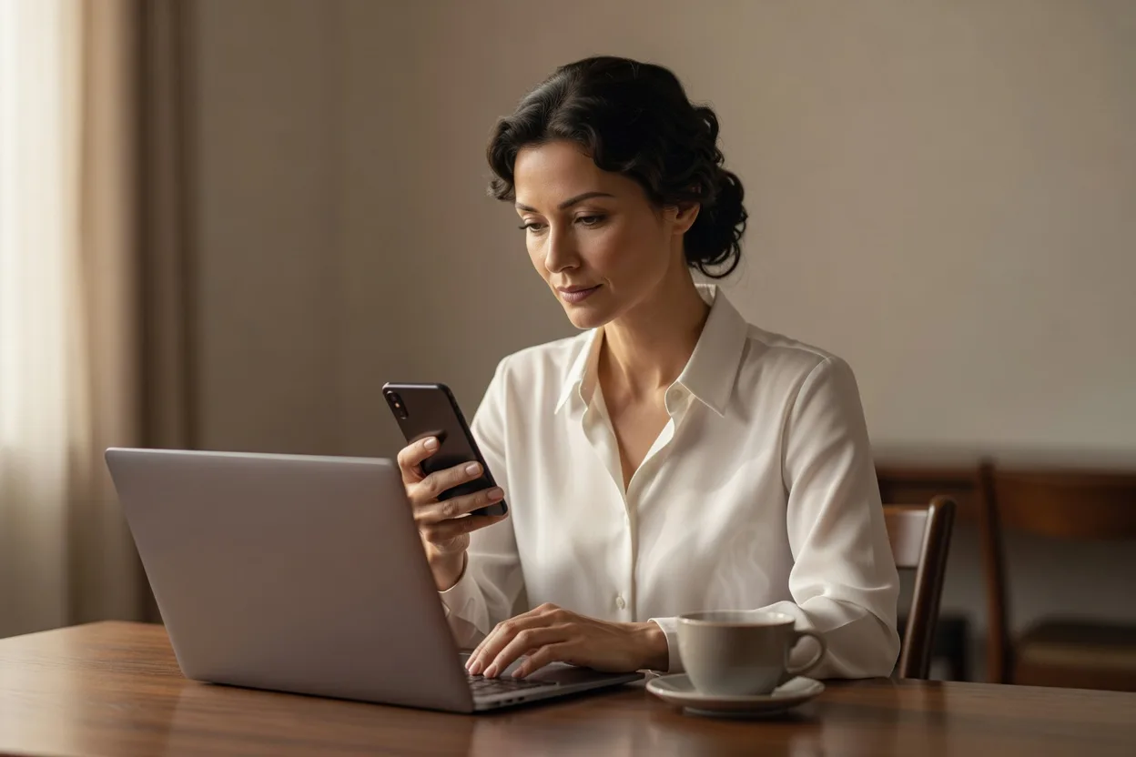 Femme comparant deux conversations sur son téléphone, expression concentrée, lumière naturelle
