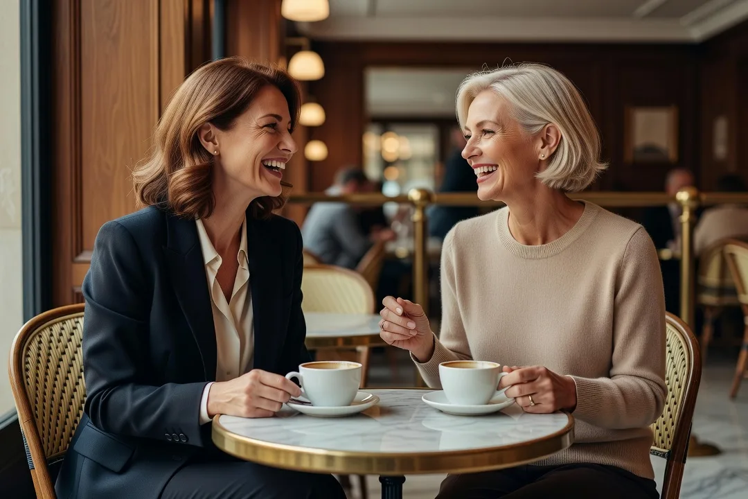 Deux femmes discutant autour d'un café, échange détendu et complice