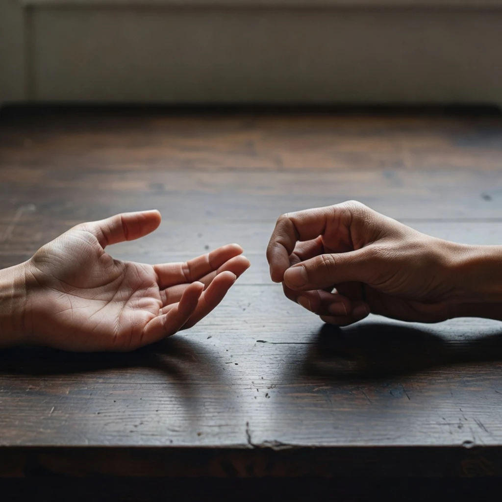 Deux mains sur une table, l'une tendue vers l'autre avec retenue