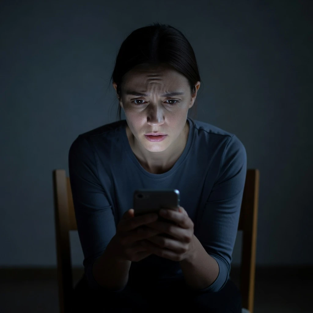 Femme seule devant son téléphone, lumière froide, expression inquiète