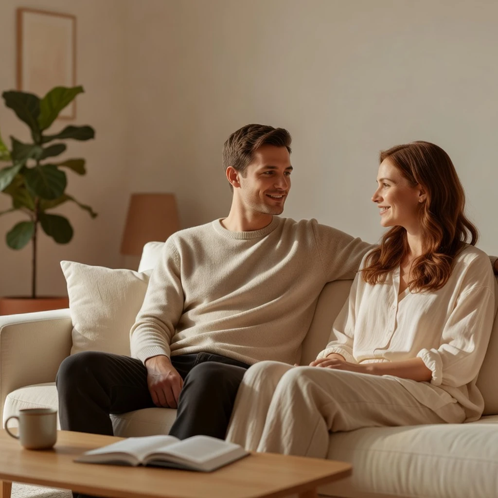 Couple discutant calmement dans un salon lumineux, expressions apaisées