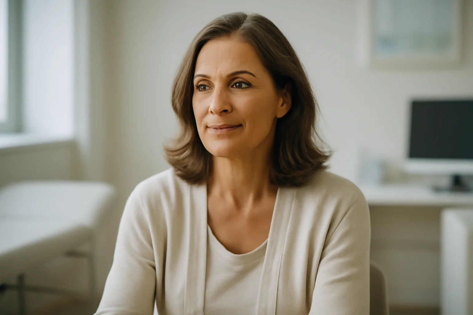 Femme de cinquante ans en consultation médicale, posture détendue et confiante