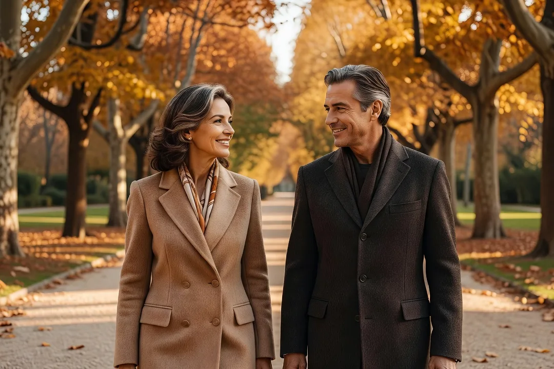 Couple de cinquantenaires marchant côte à côte dans un parc en lumière d'automne