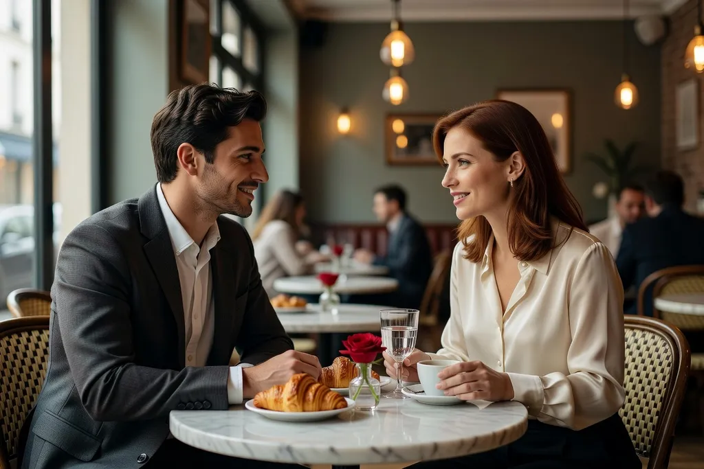 Couple en discussion lors d’un premier rendez-vous dans un café