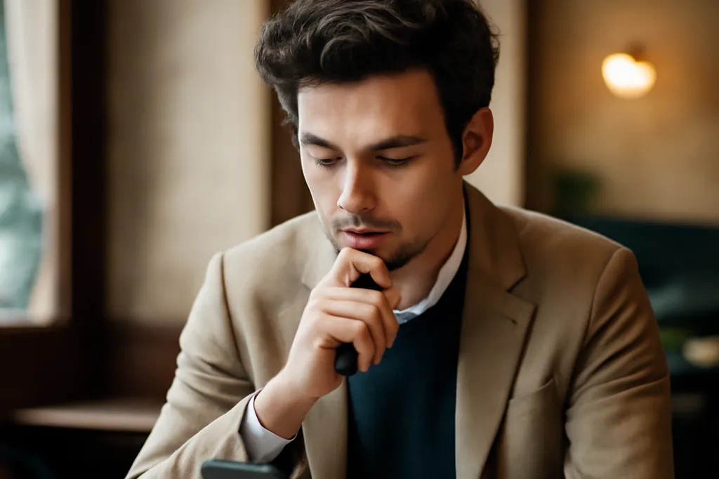 Homme pensif consultant son téléphone, hésitant avant de relancer