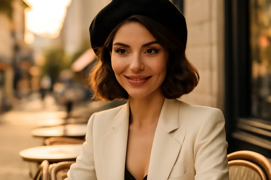 Femme élégante souriante en terrasse, attente positive après un date réussi
