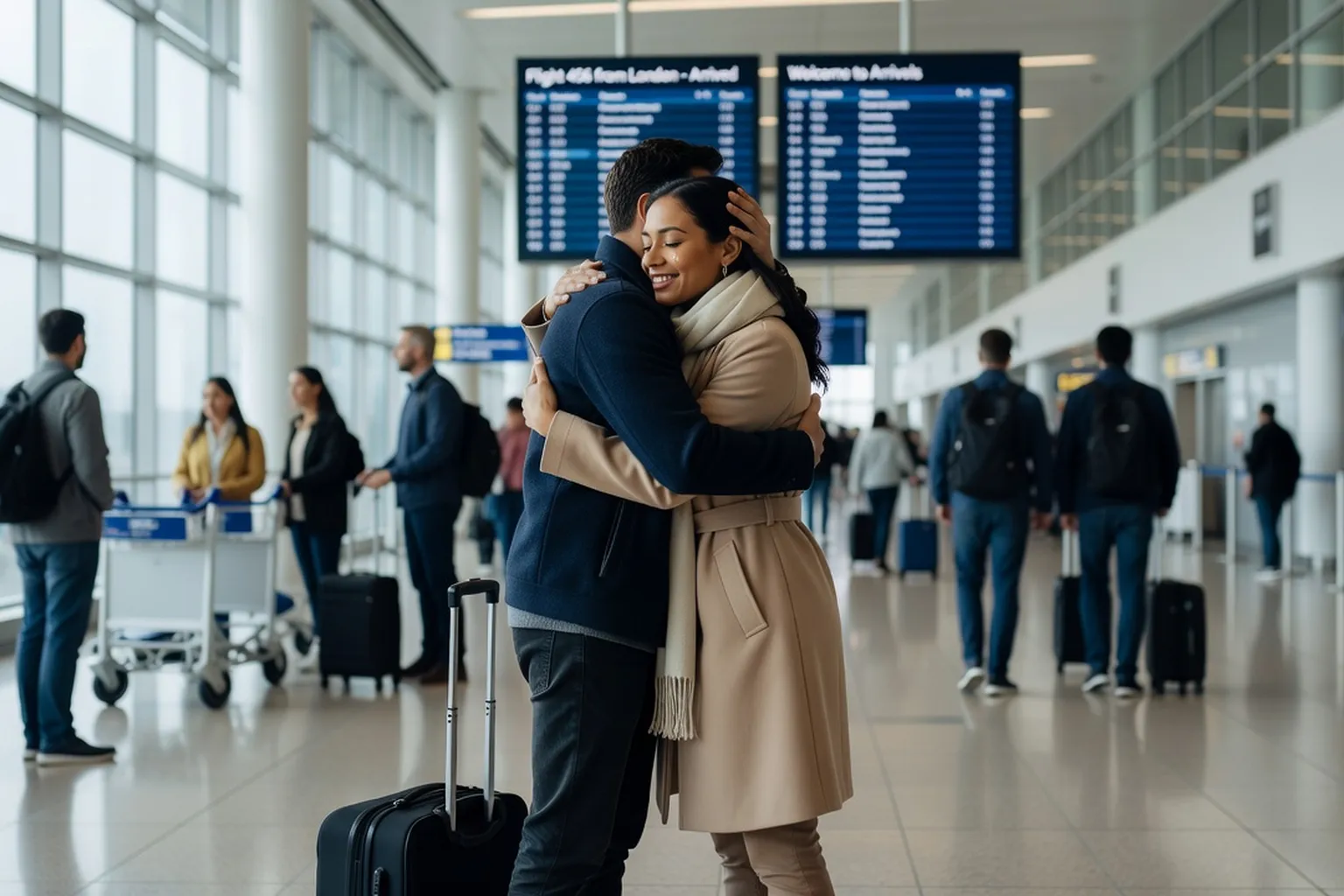 Couple heureux se retrouvant à l’aéroport après plusieurs semaines de séparation