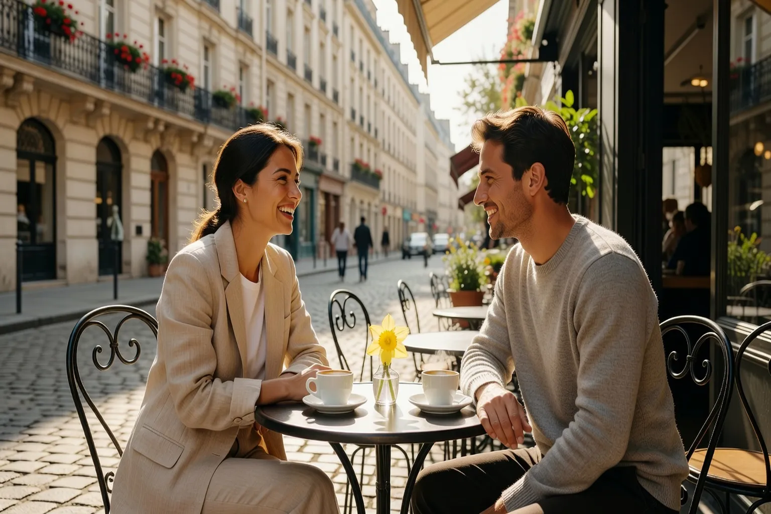 Couple souriant marchant ensemble dans une rue pavée d’une ville européenne