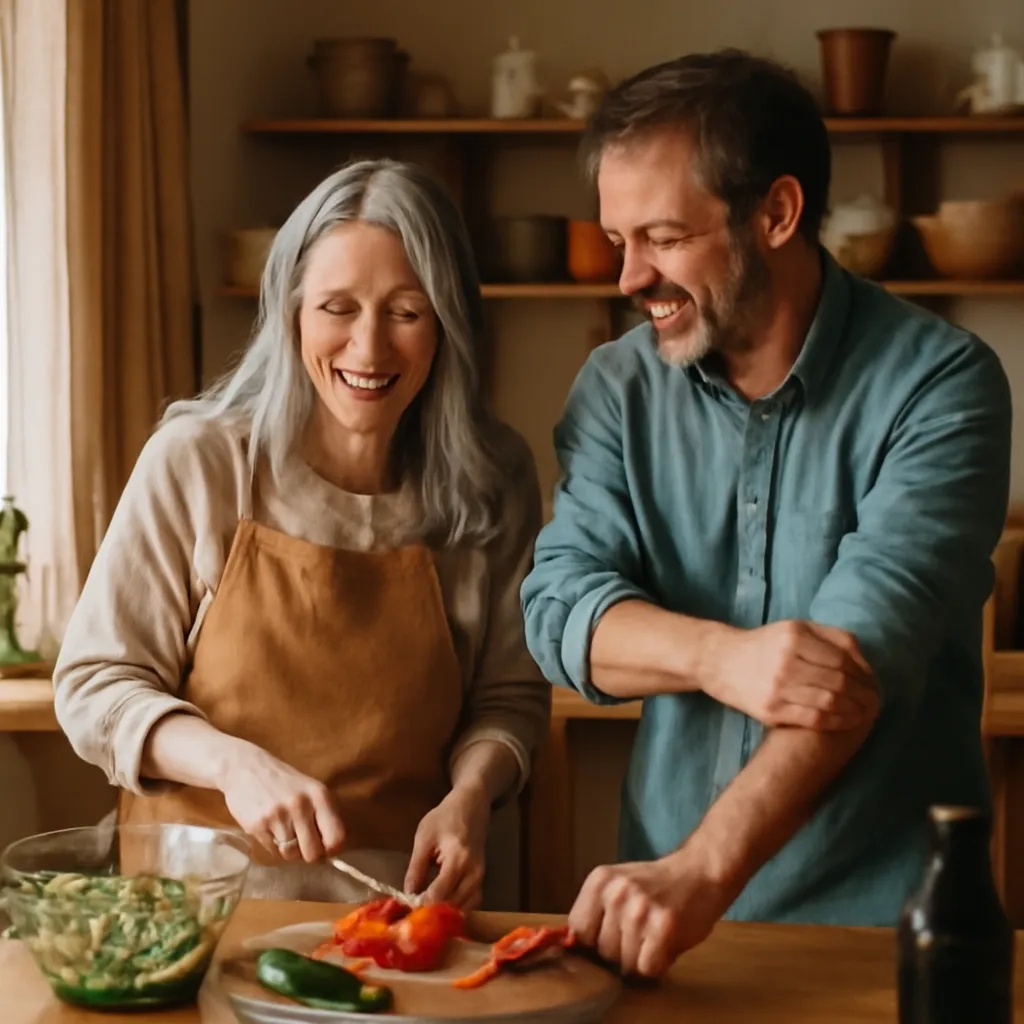 Couple mature riant ensemble en préparant un repas dans une cuisine chaleureuse, l'homme aidant à découper des légumes