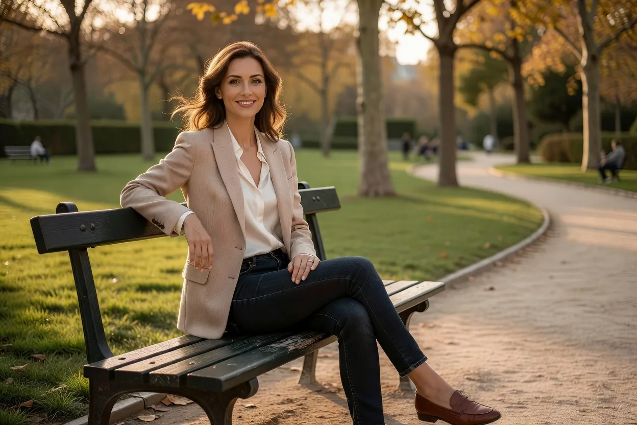 Femme souriante assise sur un banc de parc en fin d’après-midi