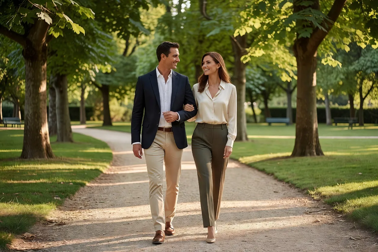 Couple marchant ensemble dans un parc, complicité naissante