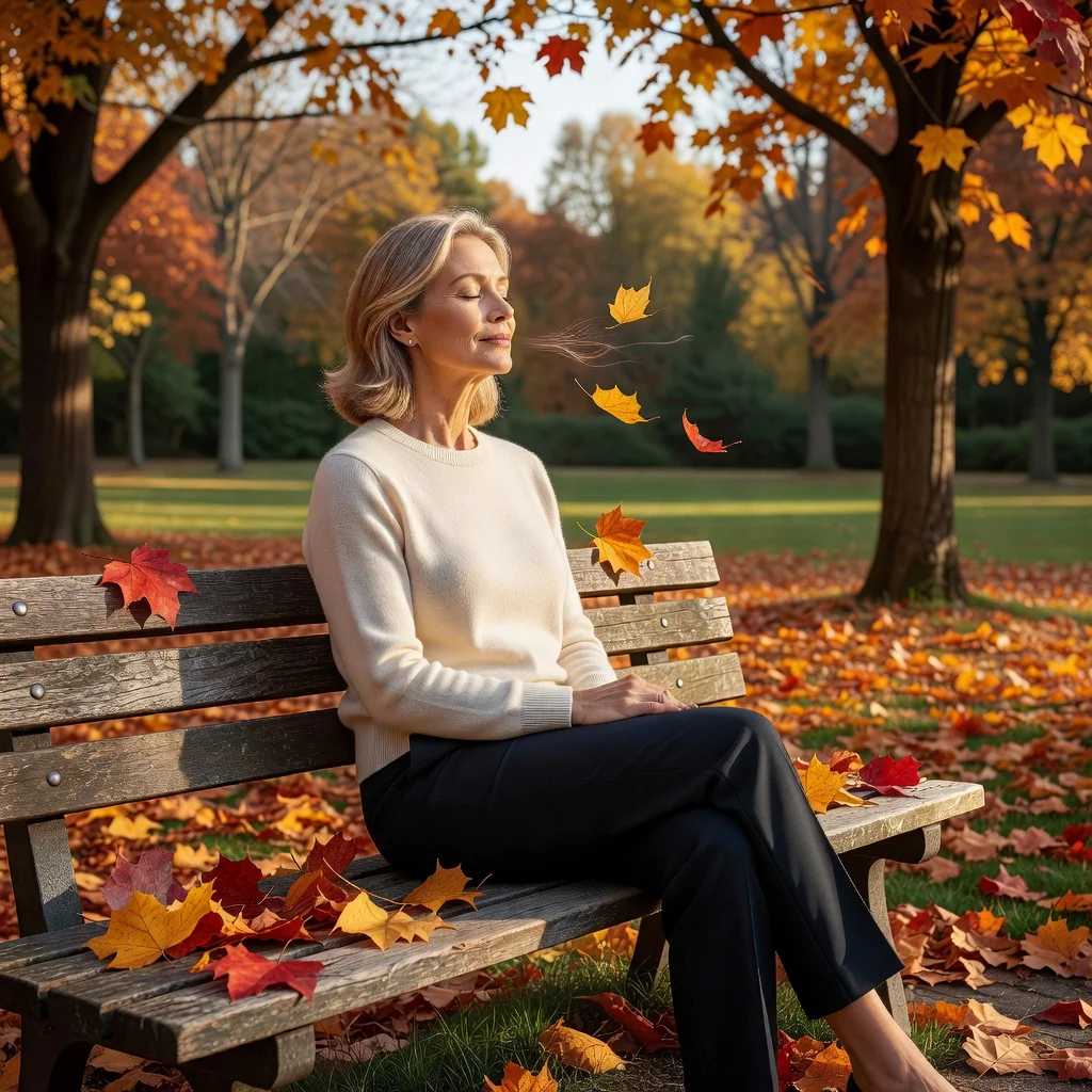 Femme assise sur un banc, prenant une profonde respiration avant un rendez-vous