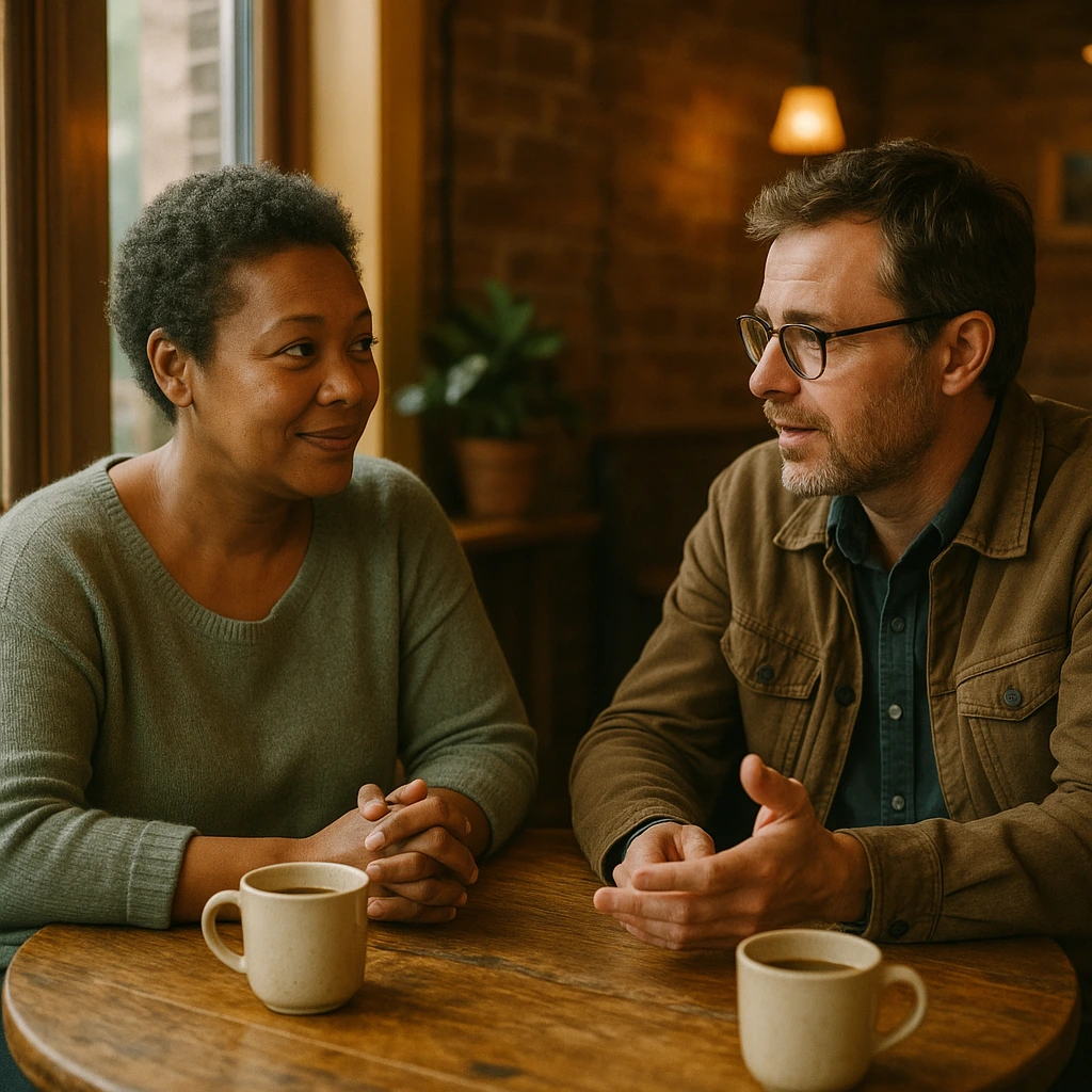 Deux adultes échangeant calmement autour d'un café, conversation apaisée en rencontre