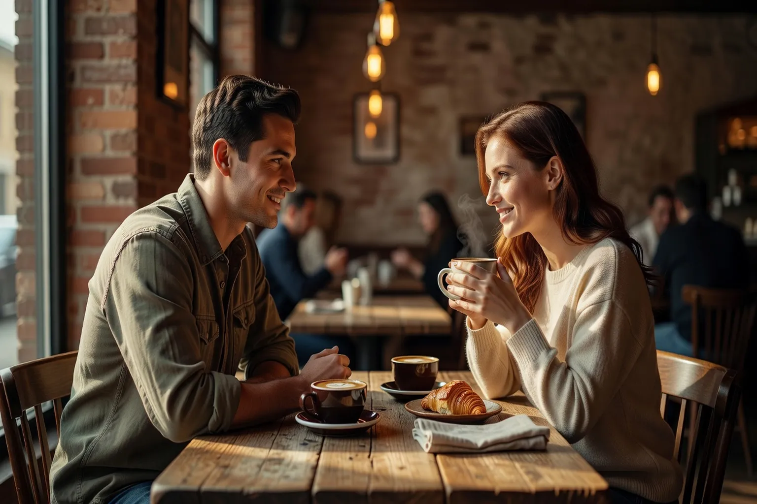 Homme souriant penché légèrement en avant lors d’une conversation en terrasse