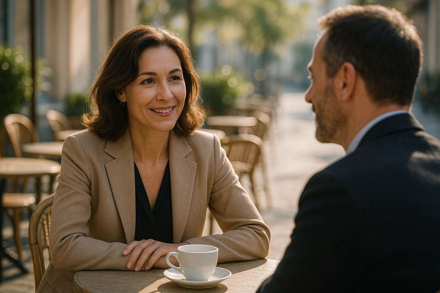 Femme élégante adulte engageant une conversation naturelle avec un homme à la terrasse d'un café