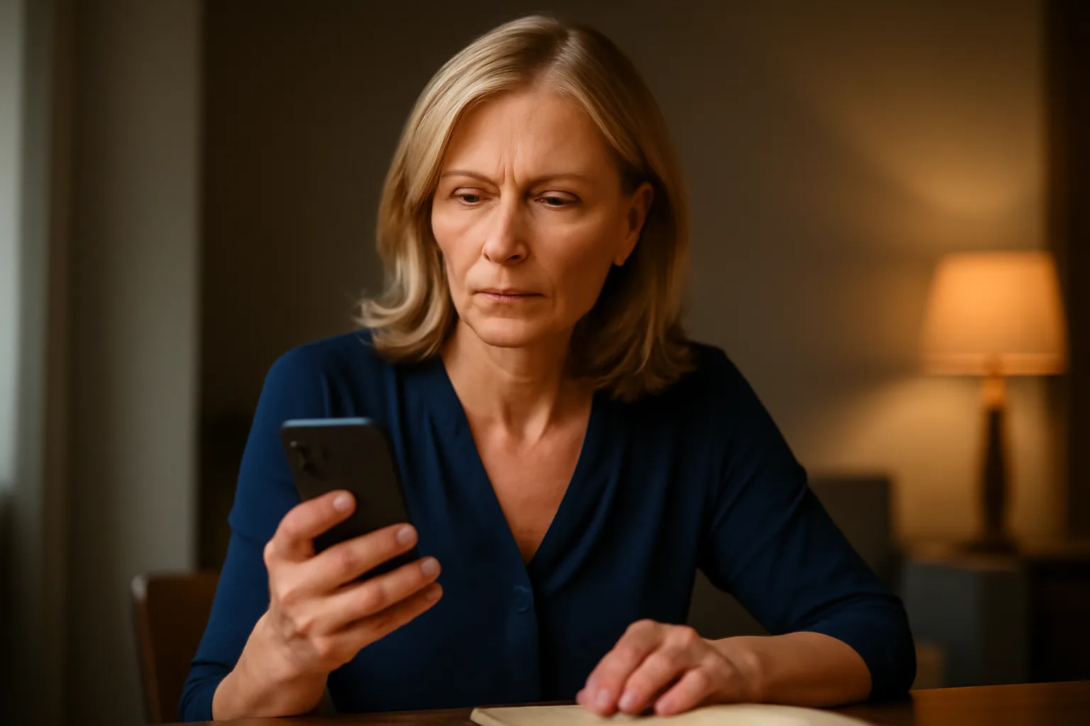Femme quinquagénaire examinant attentivement un message sur son téléphone en soirée