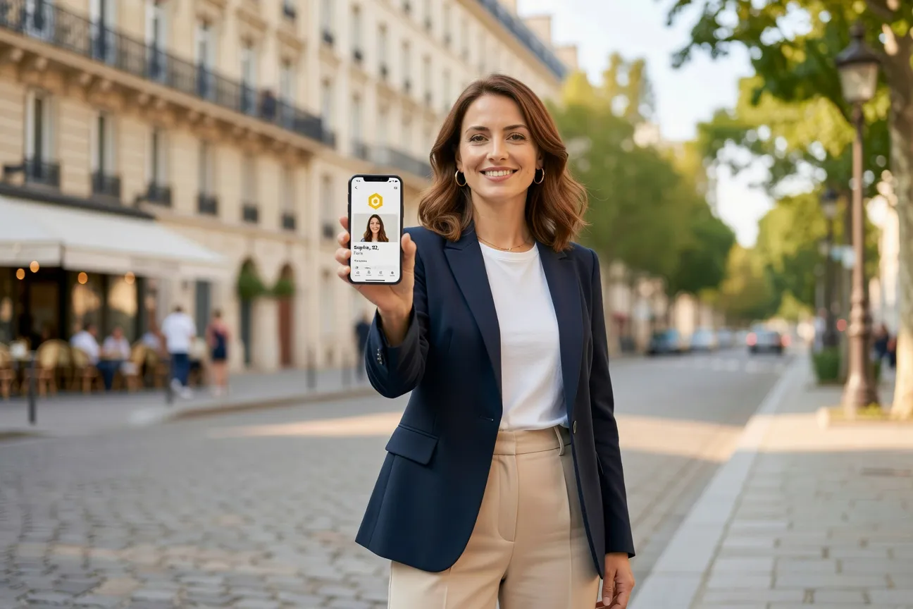Femme française testant Bumble sur son téléphone, guide 2026