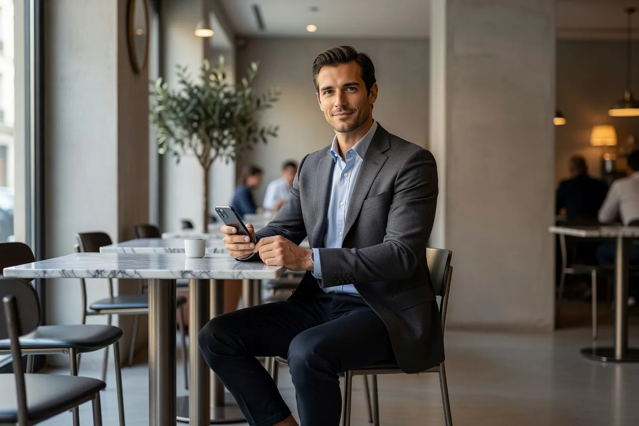 Homme consultant une application de rencontre sur son téléphone dans un café
