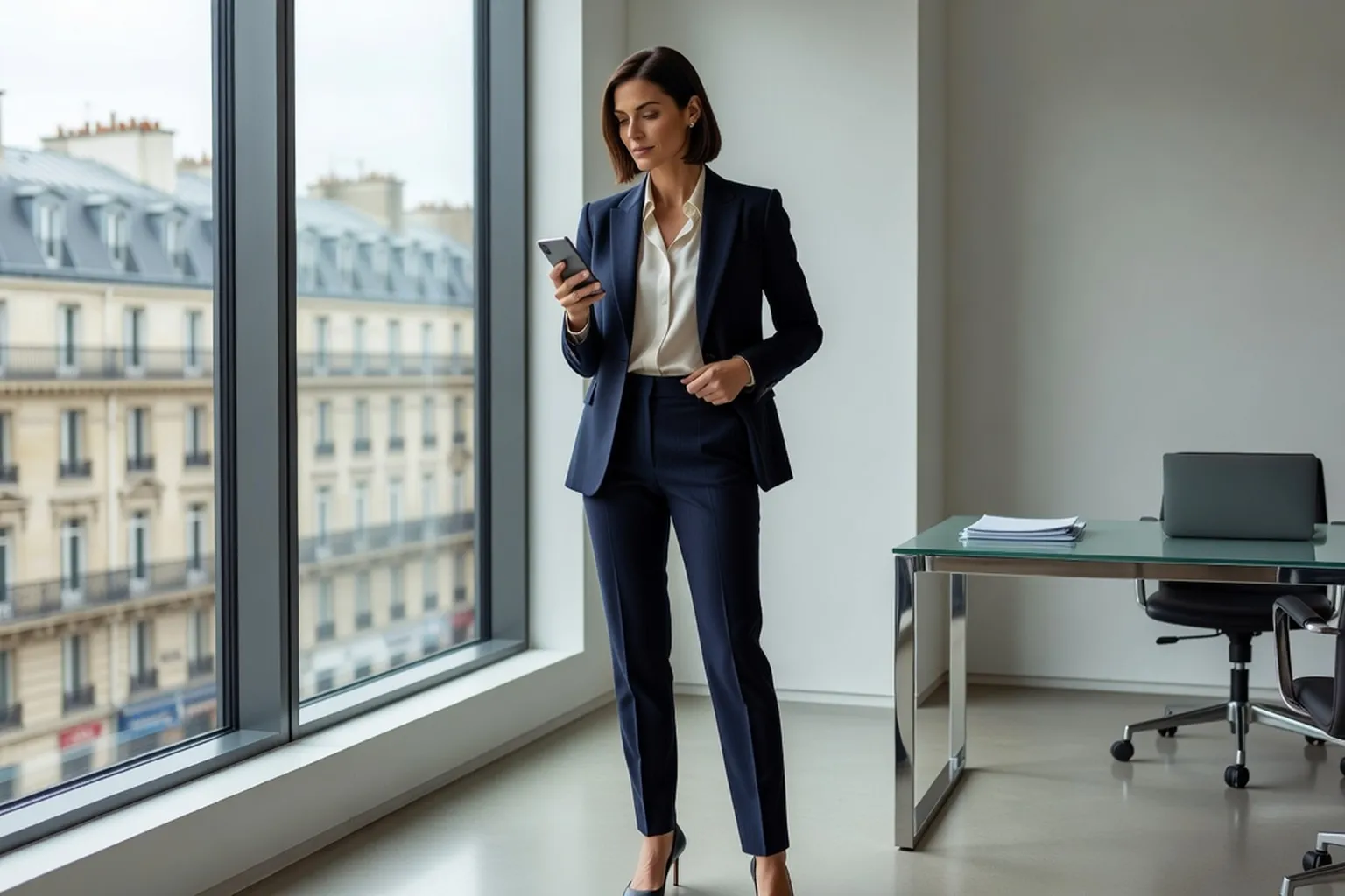 Femme active souriante consultant son téléphone dans un bureau moderne en fin de journée