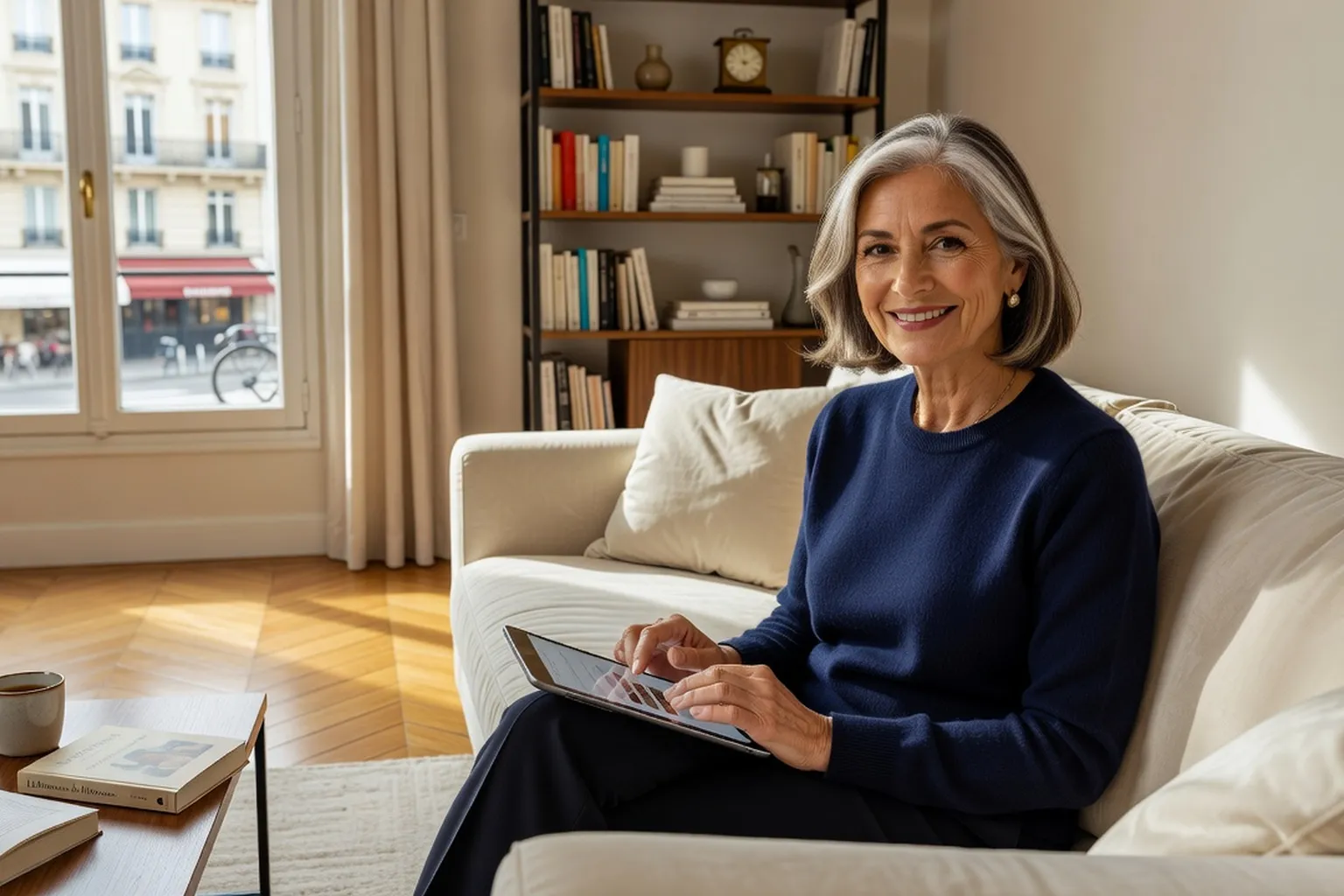 Femme de plus de 50 ans consultant Disons Demain sur sa tablette