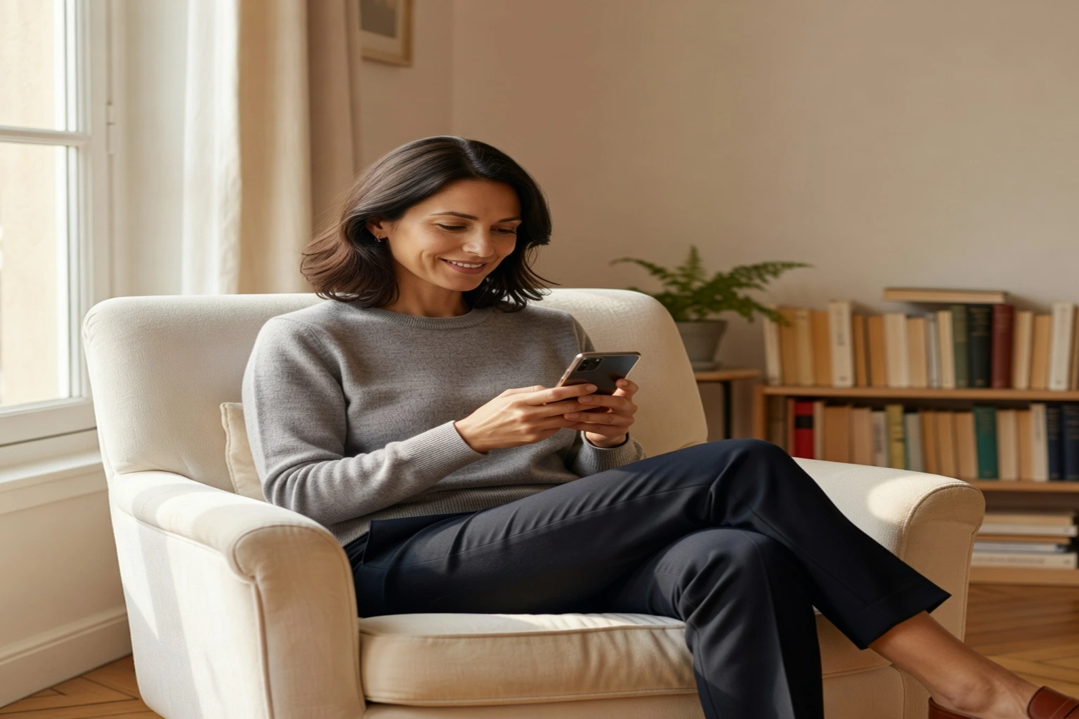 Femme utilisant une application de rencontre sur son smartphone, assise près d'une fenêtre lumineuse