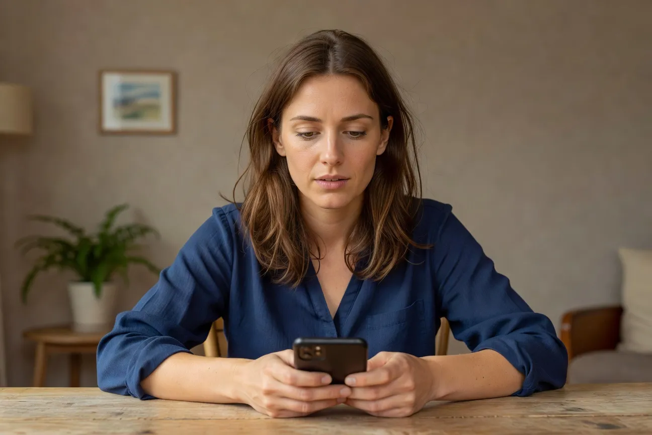Femme posant son téléphone de côté, épuisée des apps de rencontre, 2026