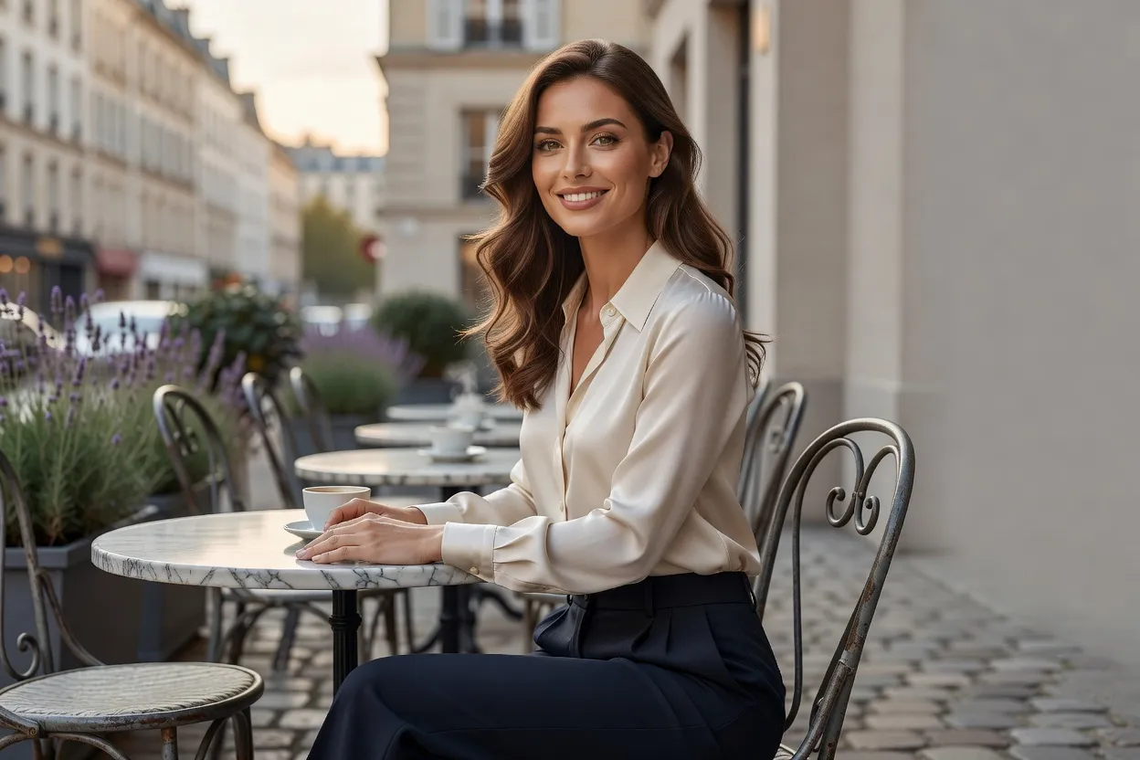 Femme souriante en terrasse, signe de disponibilité émotionnelle et d'engagement