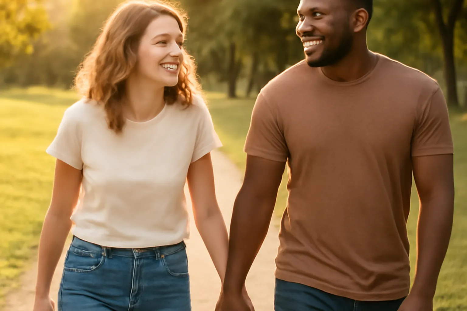 Couple heureux se tenant la main lors d'une promenade, symbole de relation sérieuse née en ligne