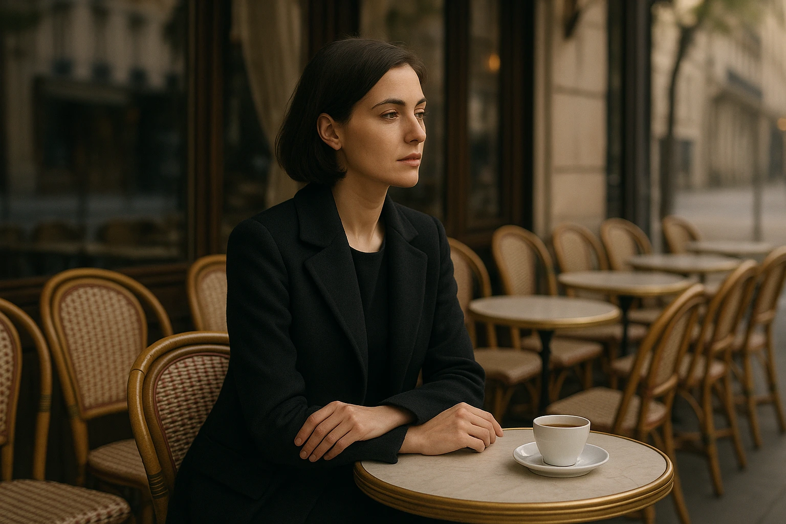 Femme élégante seule à la terrasse d'un café, réflexive après un premier rendez-vous qui n'a pas donné suite