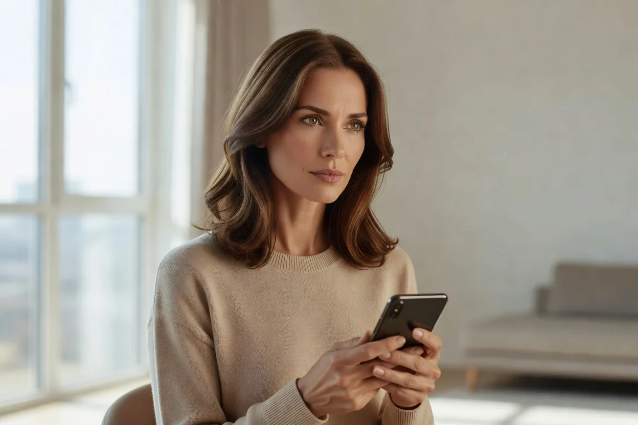 Femme attentive lisant un message de rencontre sur son téléphone près d'une fenêtre