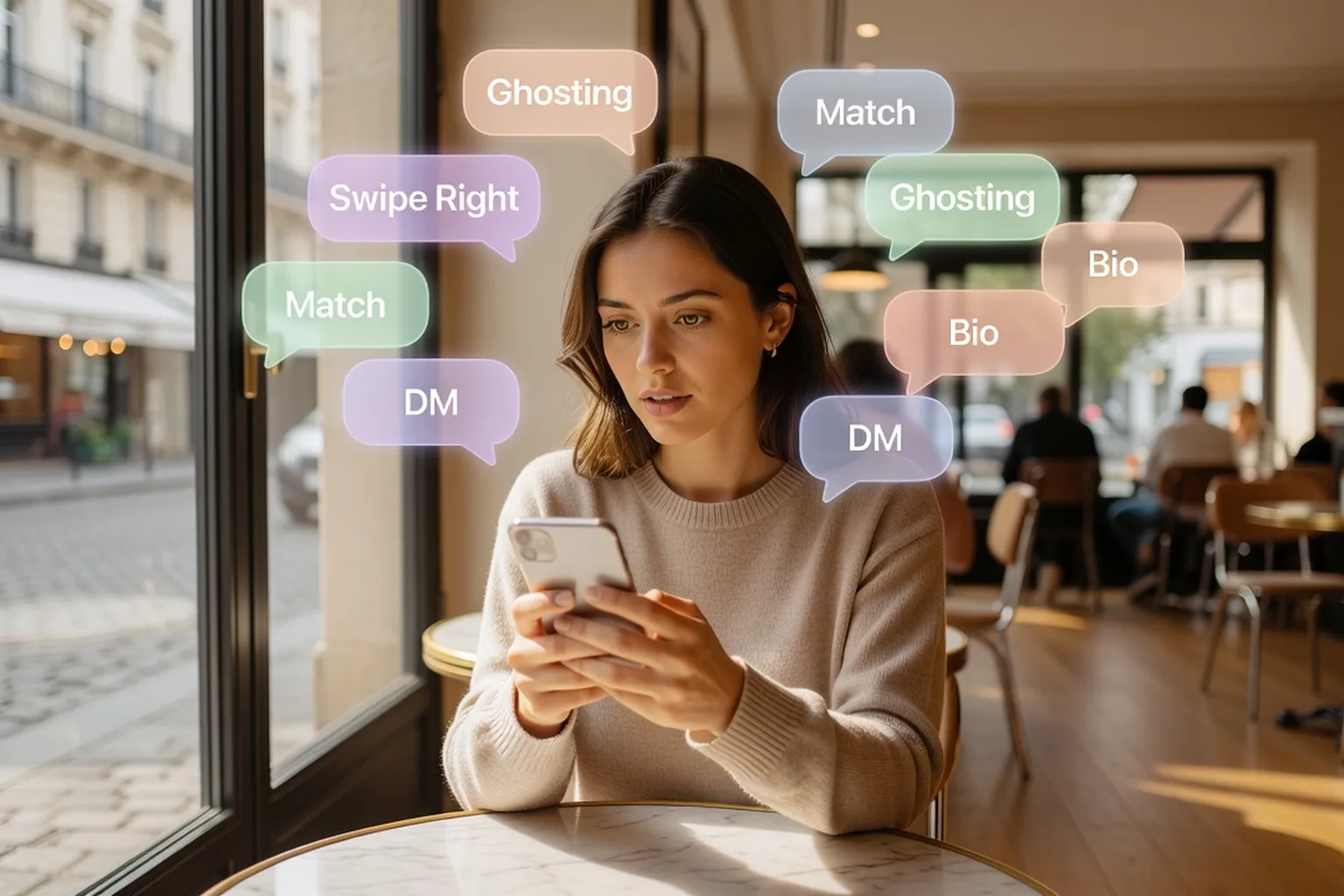 Jeune femme décodant le vocabulaire des rencontres en ligne sur son téléphone en 2026